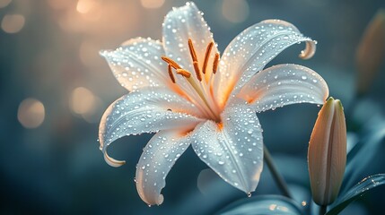 Delicate white lily flower with water droplets, illuminated by sunlight