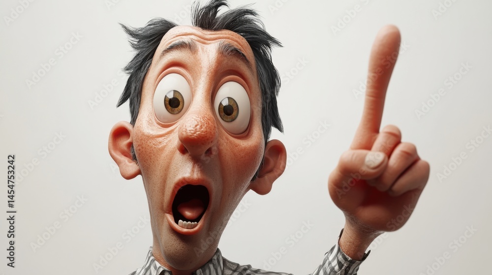 Poster a playful 3d render of a man with a huge head, gasping in amazement while pointing to the right, iso
