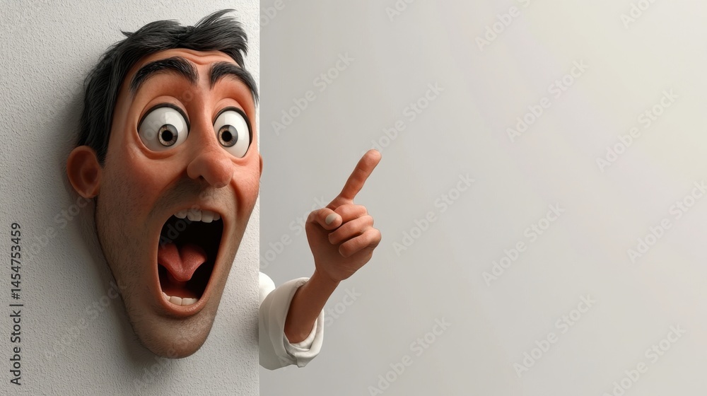 Poster a playful 3d render of a man with a huge head, gasping in amazement while pointing to the right, iso