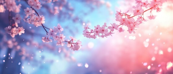 Fototapeta premium Cherry blossoms delicately bloom with pastel hues creating a dreamy, romantic atmosphere.