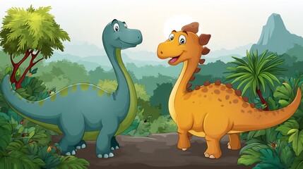 Naklejka premium Cartoon dinosaurs in a prehistoric landscape under the bright sun illustration