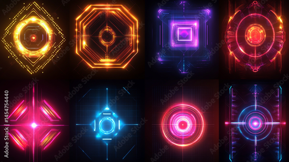 Poster futuristic geometric patterns with neon gradients and glowing lines