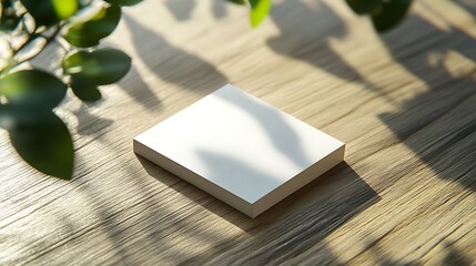 Fototapeta premium Clean business card mockup on a wooden surface with gentle natural light from the side