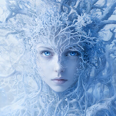 Frozen queen with crystal crown, intense gaze and icy power, Ice goddess with glowing blue eyes, crowned in frosty branches