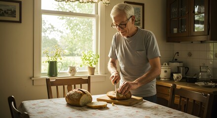 An elderly man slicing bread at a table in a sunlit kitchen with plants and a window behind him