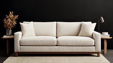 Elegant Interior Decor with Off-White Sofa, Pillows, Dark Backdrop, Table with Vase, Lamp and Round Side Tables.