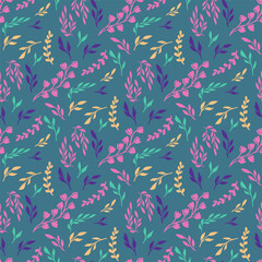 vector seamless pattern of leaves and flowers, vintage botanical pattern for decoration, fabric, wallpaper and decor, hand-drawn ornament for holiday decoration, interior and clothes
