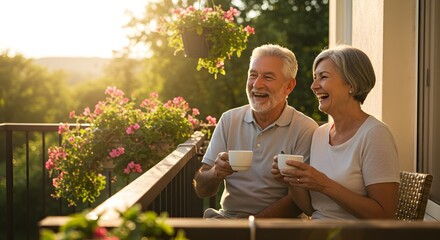 A happy senior couple enjoying coffee on a balcony with flowers at sunset and a scenic view outside