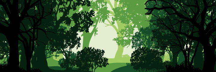 Obraz premium Forest landscape. Layered background with deciduous trees. Parallax effect. Horizontal blue panoramic backdrop with trees and bushes.