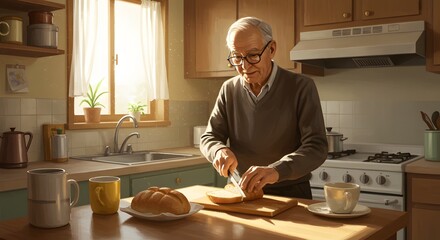 Elderly man slicing bread on a cutting board in a bright kitchen with mugs and a stove nearby