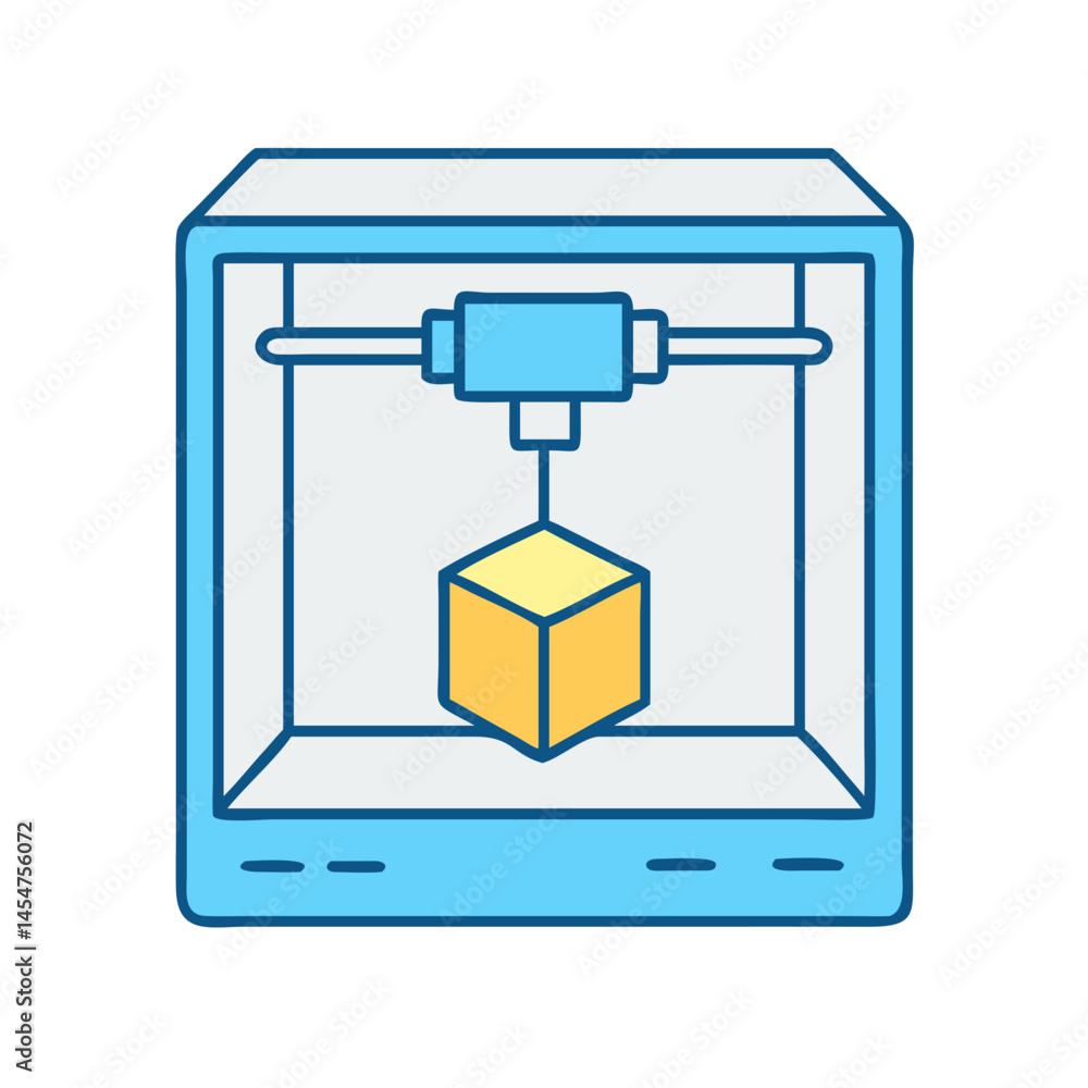 Poster illustration of a 3d printer machine printing a yellow cube design using additive manufacturing proc