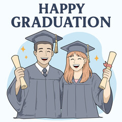 A cheerful illustration of two graduates in caps and gowns holding diplomas, standing together under the text 'Happy Graduation'. Perfect for celebration posters, event flyers, or congratulatory cards