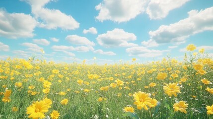 Obraz premium Vast field of yellow flowers under a bright blue sky with soft clouds creates peaceful mood