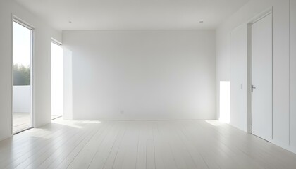 A spacious and bright minimalist interior bathed in natural sunlight, creating a tranquil atmosphere.