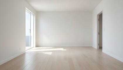 A modern, minimalist interior showcasing an empty room with natural light and a wooden floor.