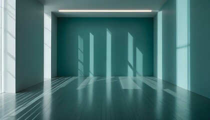 Empty interior with sunlight and shadows cast by the windows on the turquoise walls and floor.