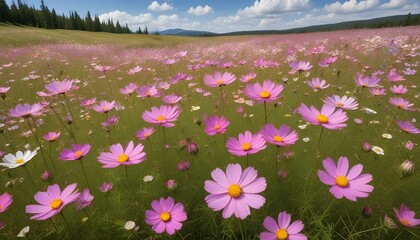 A vast field of pink cosmos flowers blooming under a beautiful sunny sky, idyllic landscape.