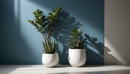 Two potted plants stand against a blue wall, showcasing sunlight shadows and green leaves in a serene indoor setting.