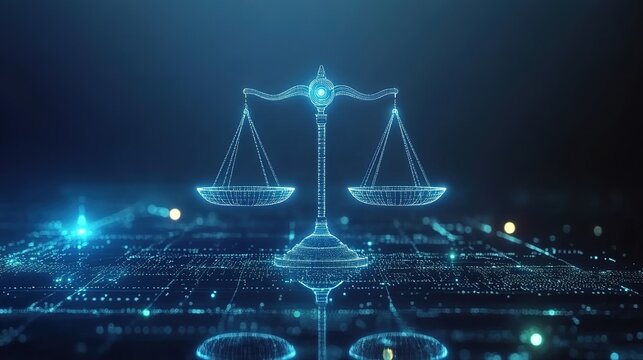 A technology - inspired balance scale pattern composed of lines and points against a dark blue background, with glowing nodes and connections around it