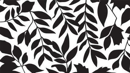 A vector illustration of black silhouette leaves set against a white background, with a variety of shapes and sizes, including veined leaves.