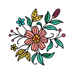 Floral design with pink flower, leaves, and berries for spring, summer, and botanical themes, art