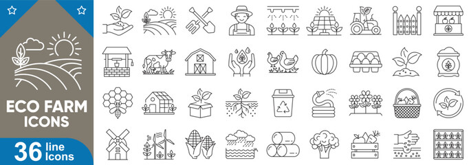 Eco farm icons set. collection of organic agriculture symbols, sustainable farming, green energy, greenhouse, rainwater, windmill, solar panel, eco friendly tools, and more. Vector illustration