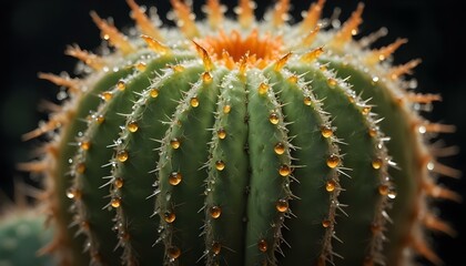Fototapeta premium A captivating close-up reveals a lush green cactus adorned with glistening water droplets.