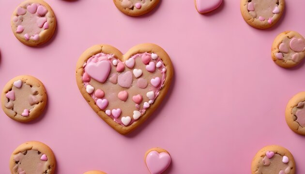 Overhead shot featuring a big heart cookie surrounded by heart-shaped cookies on pink.