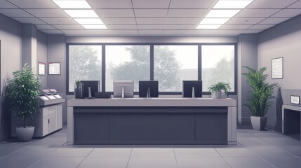 Fototapeta premium Comfortable office hall with gray reception desk and computers. Workplace and corporate concept. 3D Rendering illustration , no logos, no brands