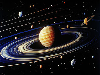 Stunning Planetary System  Cosmic Rings  Space Exploration  Celestial Bodies  Universe Art