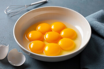 Egg yolks in a white bowl. Grey background. Close up.