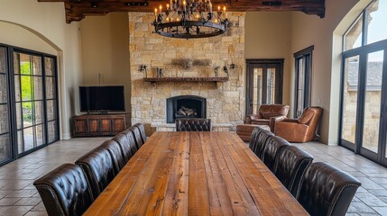 Luxurious Rustic Style Dining Room with Fireplace and Grand Chandelier
