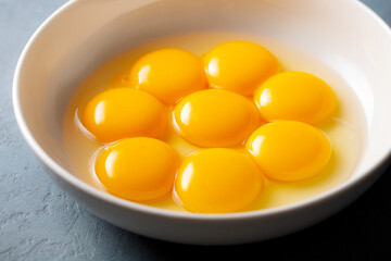 Bowl with Raw Egg Yolks Arranged Neatly Together. Grey background. Close up.