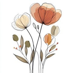 Botanical arts. Hand drawn continuous line drawing of abstract flower, floral, ginkgo, rose, tulip, bouquet of olives. Vector illustration.