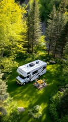 Family enjoying a peaceful picnic in nature near their rv surrounded by lush wooded area