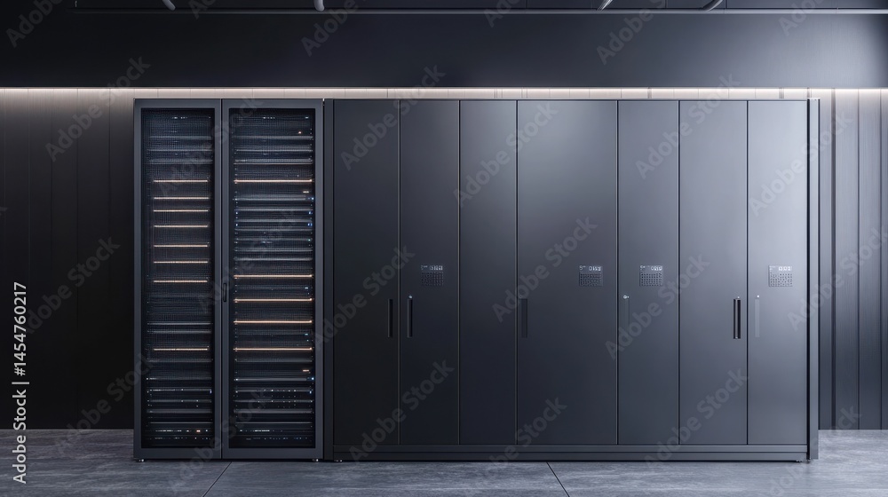 Poster advanced data center showcasing server cabinets and high tech equipment for cloud computing services