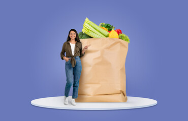 A customer stands beside a large brown paper bag filled with fresh vegetables and fruits. This...