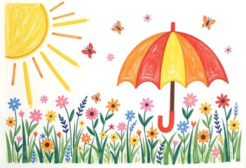 Fototapeta premium Child's colorful flower-shaped umbrella drawing in a vibrant garden 