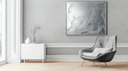 Grey chair next to white cupboard against the wall with silver painting in minimalist living room interior illustration , no logos, no brands