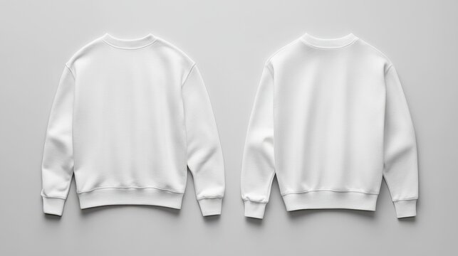 Front and back views of two white cotton crewneck sweater mockups on a plain background for fashion display