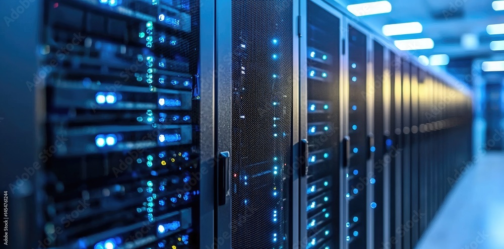 Poster blurred depth view of server panels with glowing blue lights in a corridor, suitable for presentatio