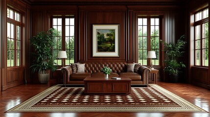 Fototapeta premium Elegant wooden-paneled room featuring a brown leather couch, coffee table, patterned rug, plants, painting, and natural light from the windows.