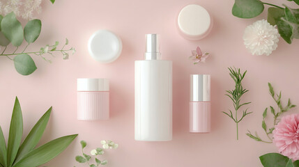 Premium skincare product mockup with minimalist packaging, pastel tones, and botanical accents