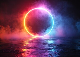 Circular neon light display on a dark floor.