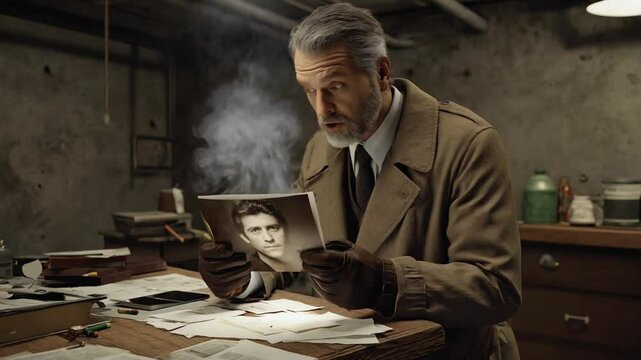 Gritty old American detective wearing trench coat gloves inspects vintage murder photo flashlight dark basement office, shocked expression himself, time loop concept, dark, foggy breath cold air