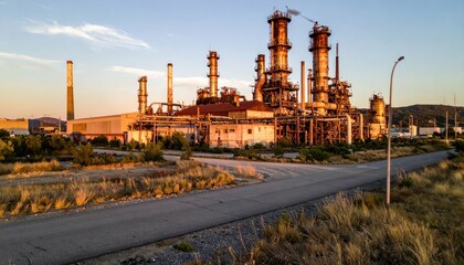 Industrial Complex at Sunset with Pipes and Smokestacks in View