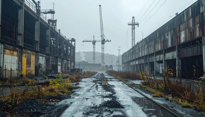 Obraz premium Abandoned Industrial Area with Cranes on a Rainy Day Landscape