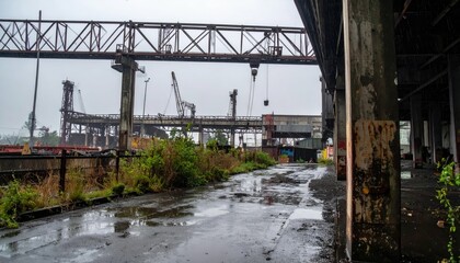 Fototapeta premium Abandoned Industrial Site with Machinery and Rainy Atmosphere