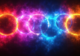 Colorful glowing rings in a dark ethereal background.