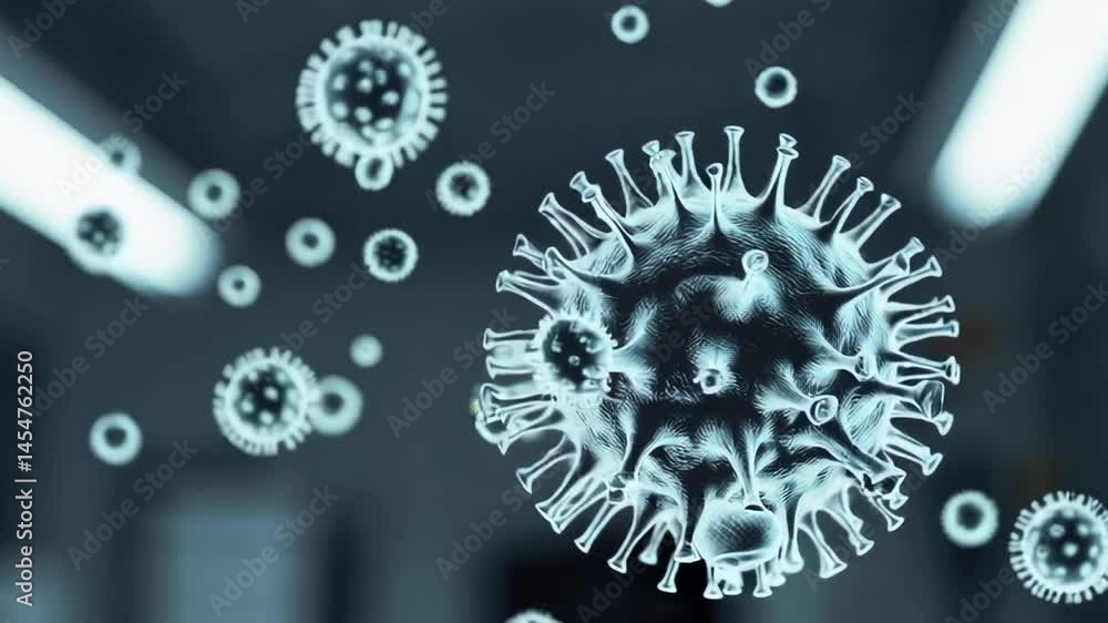 Poster microscopic view of virus cells, potentially a coronavirus strain, floating in a laboratory environm